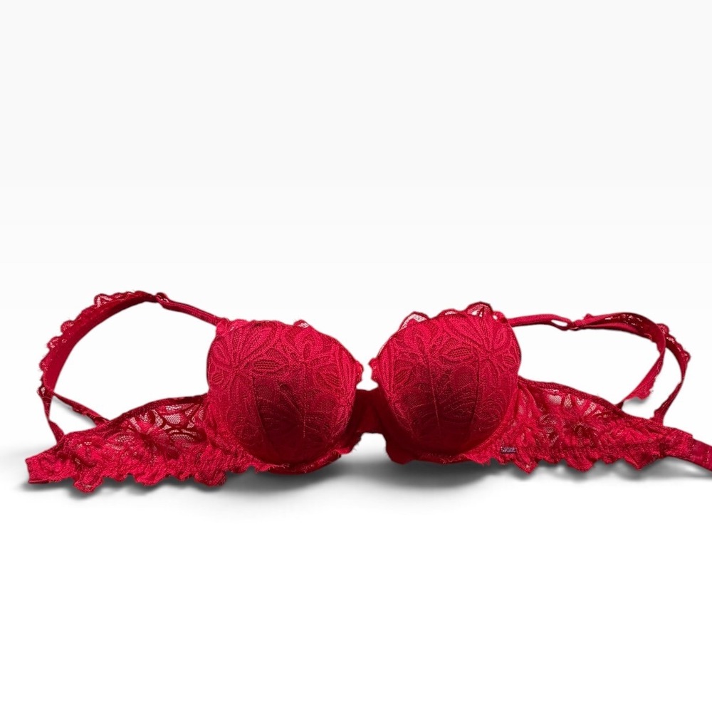 Victoria's Secret PINK Red Lace Push Up Bra 34C Underwire Eyelash Trim